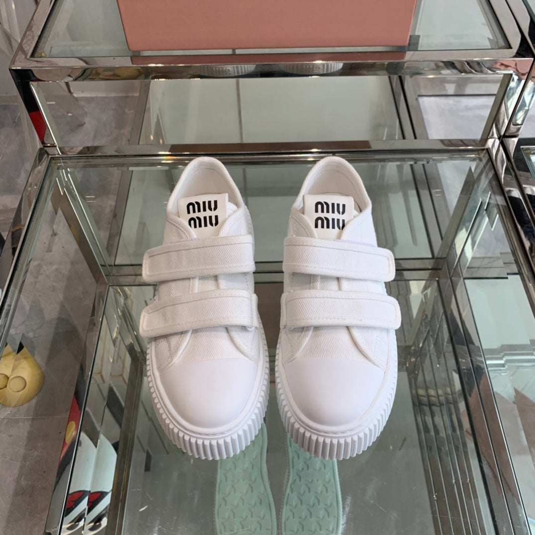 Thick-Soled Denim Sneakers White