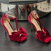 HIGH HEEL 10 SANDAL IN CRIMSON RED VELVET WITH BOW
