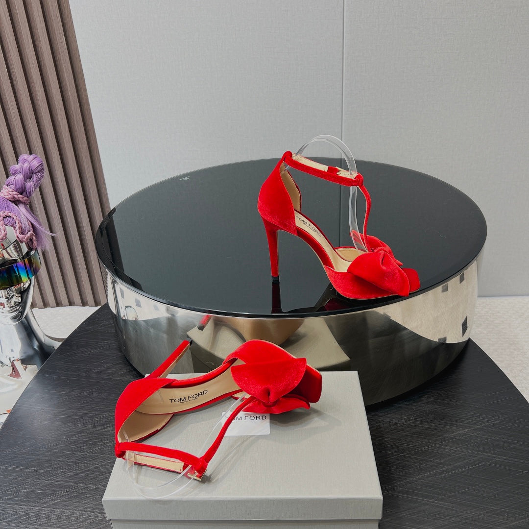 HIGH HEEL 10 SANDAL IN CHERRY RED VELVET WITH BOW