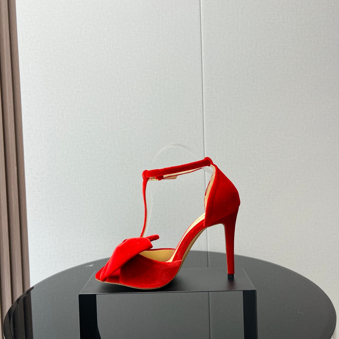 HIGH HEEL 10 SANDAL IN CHERRY RED VELVET WITH BOW