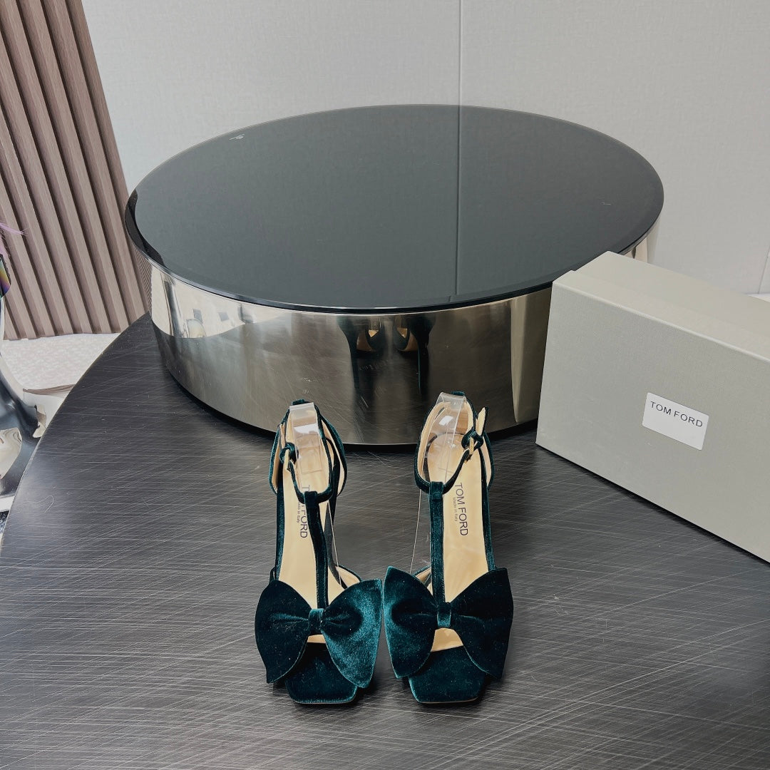 HIGH HEEL 10 SANDAL IN GREEN FOREST VELVET WITH BOW