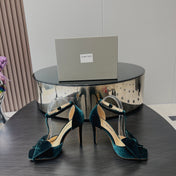 HIGH HEEL 10 SANDAL IN GREEN FOREST VELVET WITH BOW