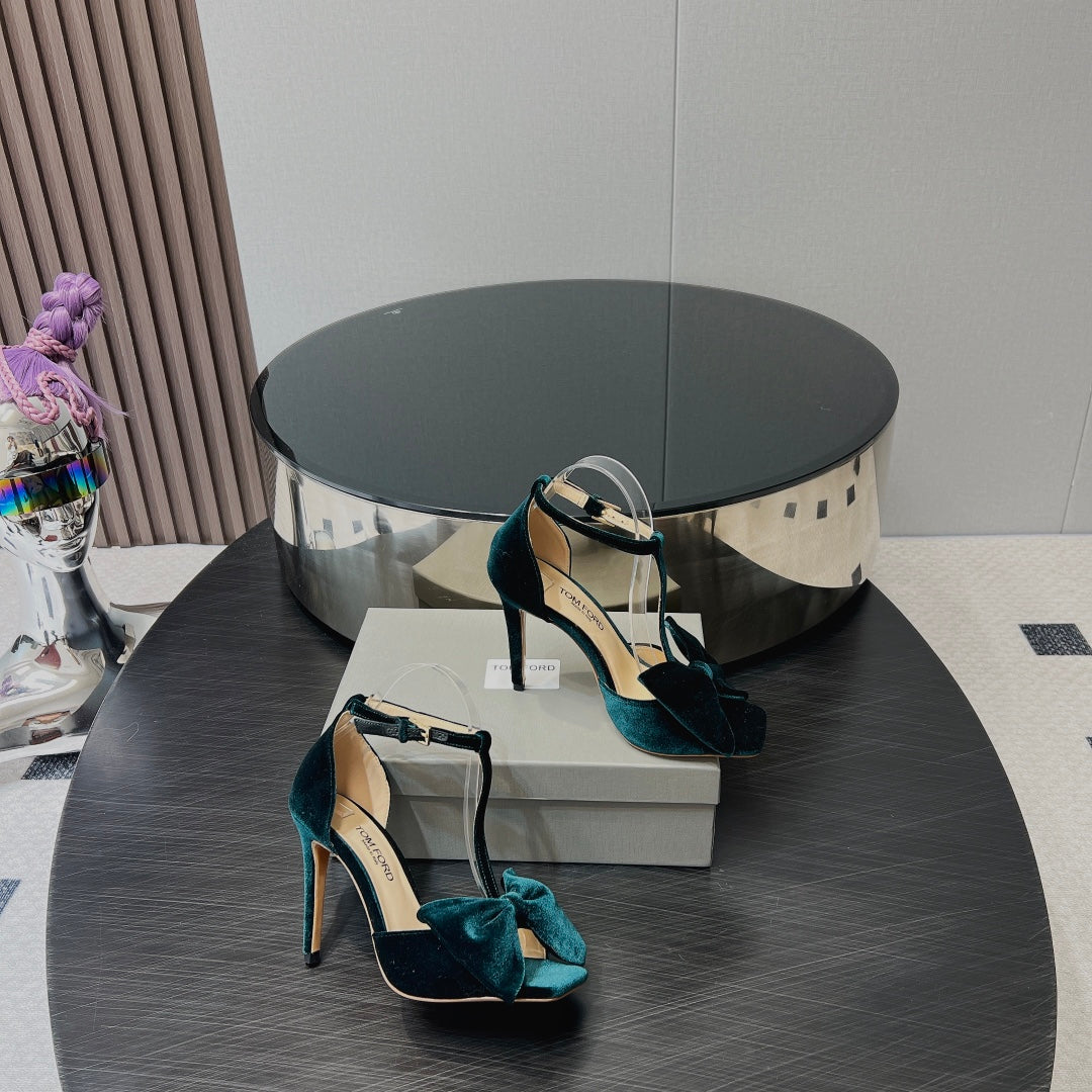 HIGH HEEL 10 SANDAL IN GREEN FOREST VELVET WITH BOW