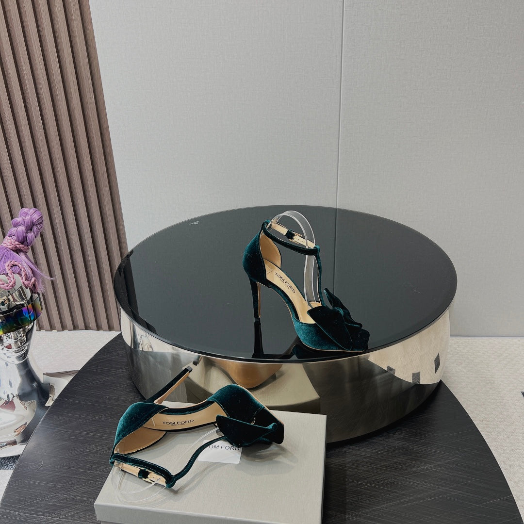 HIGH HEEL 10 SANDAL IN GREEN FOREST VELVET WITH BOW