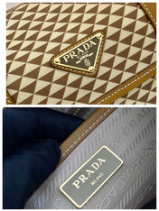 MESSENGER BAG 25 IN BROWN MIX CREAM TRIANGLE PATTERN EMBROIDERED FABRIC