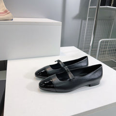 CHANEL FLAT MARY JANE SHOES 25S IN BLACK GLOSSY LAMBSKIN WITH BOW