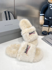BALENCIAGA 25S FUR SLIPPERS IN LIGHT BEIGE FAUX SHEARLING