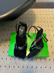 BOTTEGA VENETA 26S SQUARE-TOE HIGH-HEEL SANDALS 90 MM IN BLACK LAMBSKIN AND WOOL