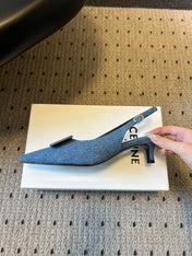 CELINE 26S HIGH-HEEL SLINGBACK 55 MM IN BLUE DENIM