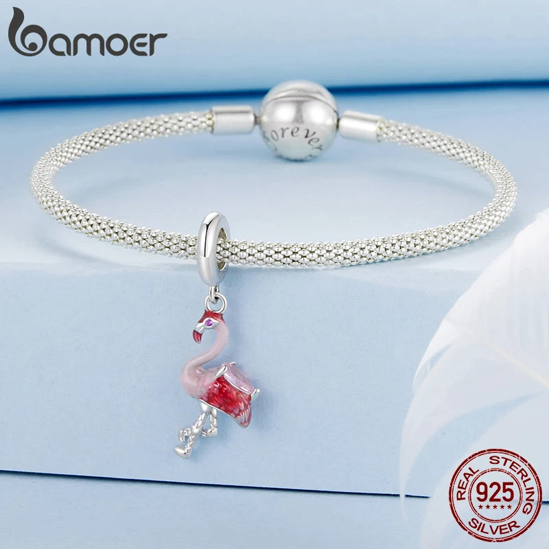 BAMOER Solid 925 Sterling Silver Cute Flamingo Charm Pendant fit Original Bracelet DIY Jewelry Accessories bamoer Beads BSC1123