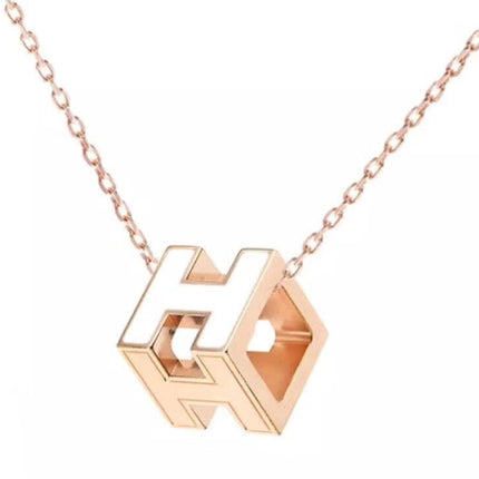 H WHITE SQUARE PINK GOLD NECKLACE