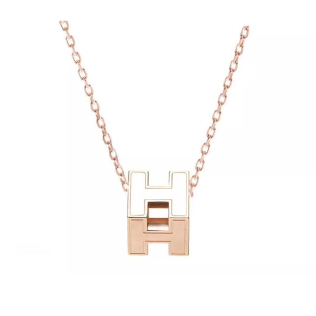 H WHITE SQUARE PINK GOLD NECKLACE