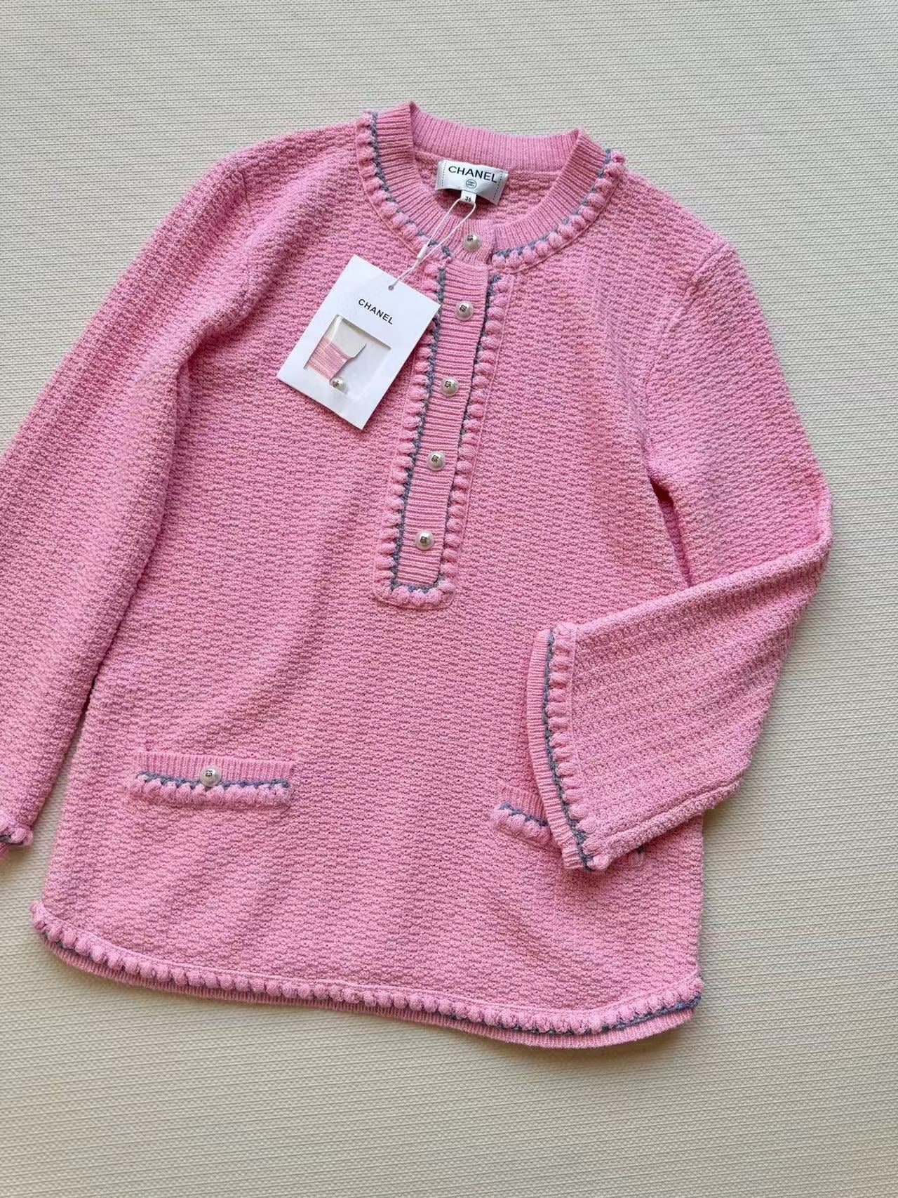 Chanel 25P Long-Sleeve Top Pink Tweed Pearl Buttons