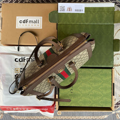 OPHIDIA LARGE 33 CM TOTE BAG IN BEIGE/EBONY GG CANVAS WITH BROWN LEATHER TRIM