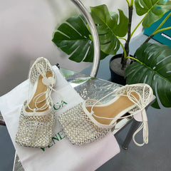 LIDO BALLET FLATS IN WHITE SATIN CRYSTAL EMBELLISHED MESH WITH LACE-UP STRAPS