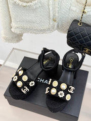 CC HIGH HEELS IN BLACK TWEED WITH PEARL AND CRYSTAL EMBELLISHMENTS