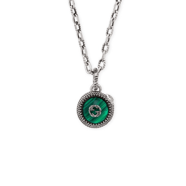 STERLING SILVER NEW DOUBLE G LOGO SERPENT MALACHITE PENDANT NECKLACE