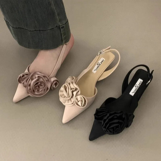 Satin Floral Slingback Stilettos - Pointed Toe Party Heels