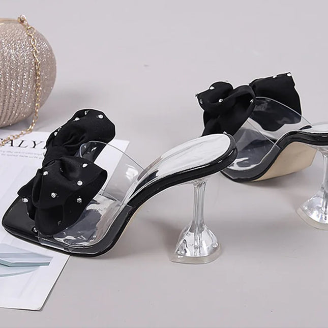 Rhinestone Peep Toe Stiletto Heels - Bow Sandals