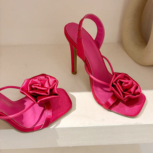 Aneikeh Rose Silk Flower Heels - Open Toe Wedding Sandals