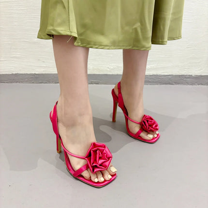 Aneikeh Rose Silk Flower Heels - Open Toe Wedding Sandals