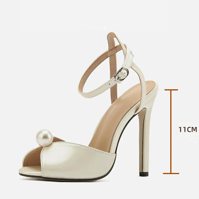 Liyke Silk Peep Toe Gladiator Heels - 11CM Pearl Ankle Strap Sandals