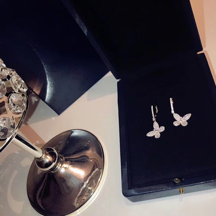 BUTTERFLY SILVER DIAMOND PAVED DROP EARRINGS