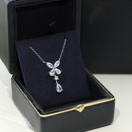 BUTTERFLY PEAR SHAPE CLASSIC SILVER DIAMOND DROP NECKLACE