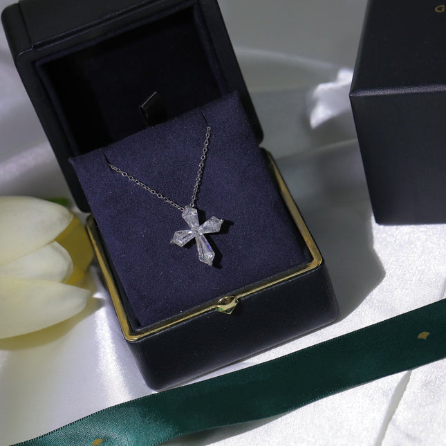 BAGUETTE CUT SILVER DIAMOND CROSS NECKLACE