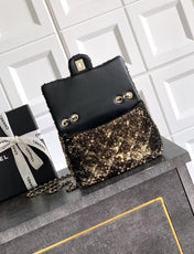 CC 20 SEQUINS FLAP BAG IN BLACK MIX BROWN