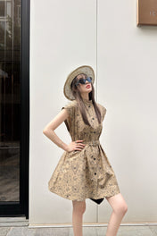 CD Short Belted Shirtdress Beige Cotton Gabardine with Black Motif