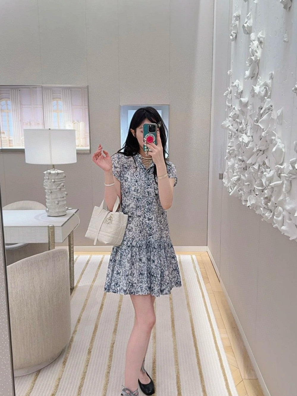 CD Short Dress White Cotton Muslin with Blue Butterfly Motif