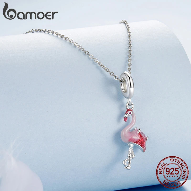 BAMOER Solid 925 Sterling Silver Cute Flamingo Charm Pendant fit Original Bracelet DIY Jewelry Accessories bamoer Beads BSC1123