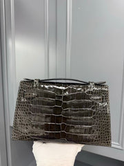 HM KELLY MINI 22 IN BROWN AMERICAN ALLIGATOR SILVER BUCKLE