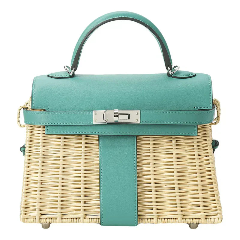 KELLY 20CM JAUNE DE NAPLES SWIFT IN TURQUOISE LEATHER AND WICKER SILVER HARDWARE