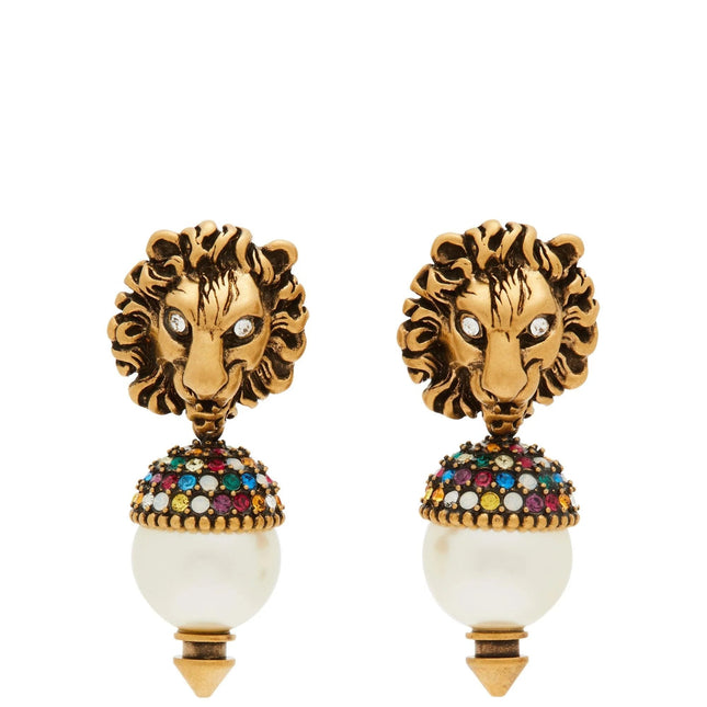 GG LION HEAD PEARL COLORED DIAMOND EARRINGS