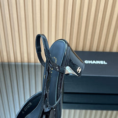 CHANEL 25S SLINGBACK SHOES IN BLACK GLOSSY CALFSKIN