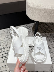 PRADA 25S CRISSCROSS SANDALS IN WHITE CALFSKIN LOGO