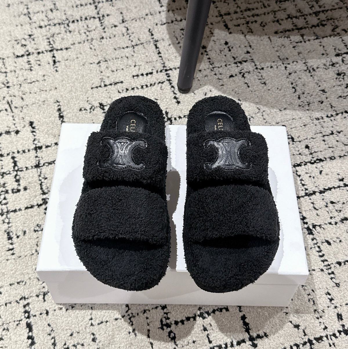 CELINE 25S SLIDES TRIOMPHE IN BLACK SPONGE FABRIC