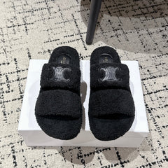 CELINE 25S SLIDES TRIOMPHE IN BLACK SPONGE FABRIC