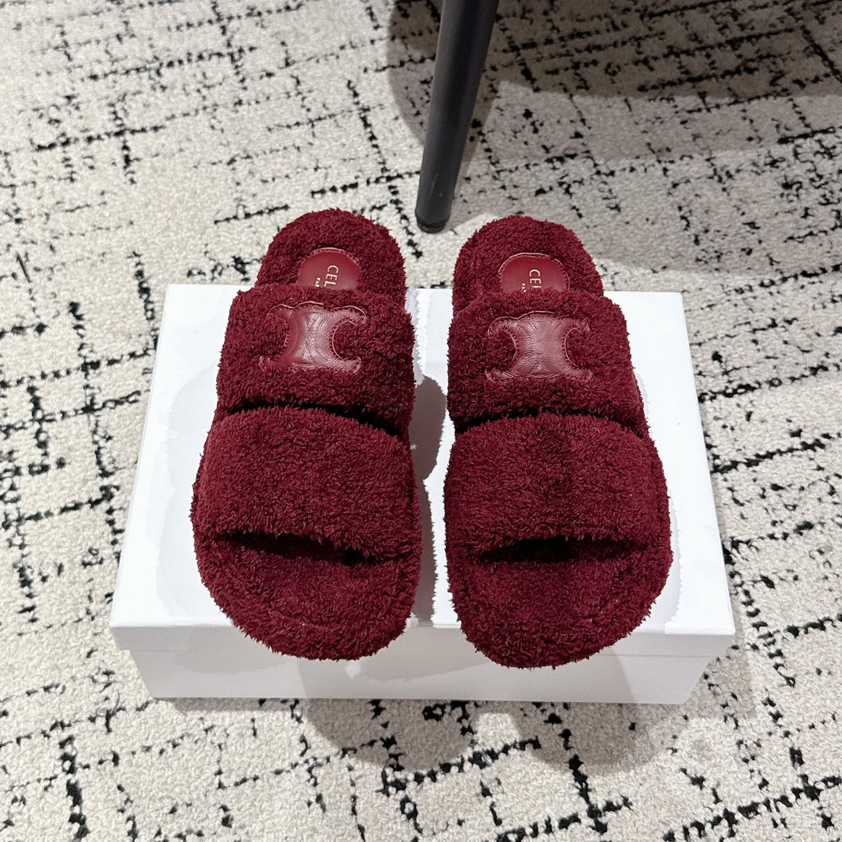 CELINE 25S SLIDES TRIOMPHE IN WINE RED SPONGE FABRIC