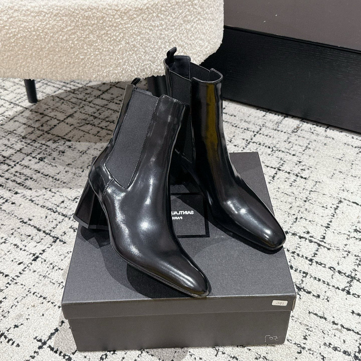 YSL 25S HEELED ANKLE BOOTS 70 MM IN BLACK SHINY LAMBSKIN