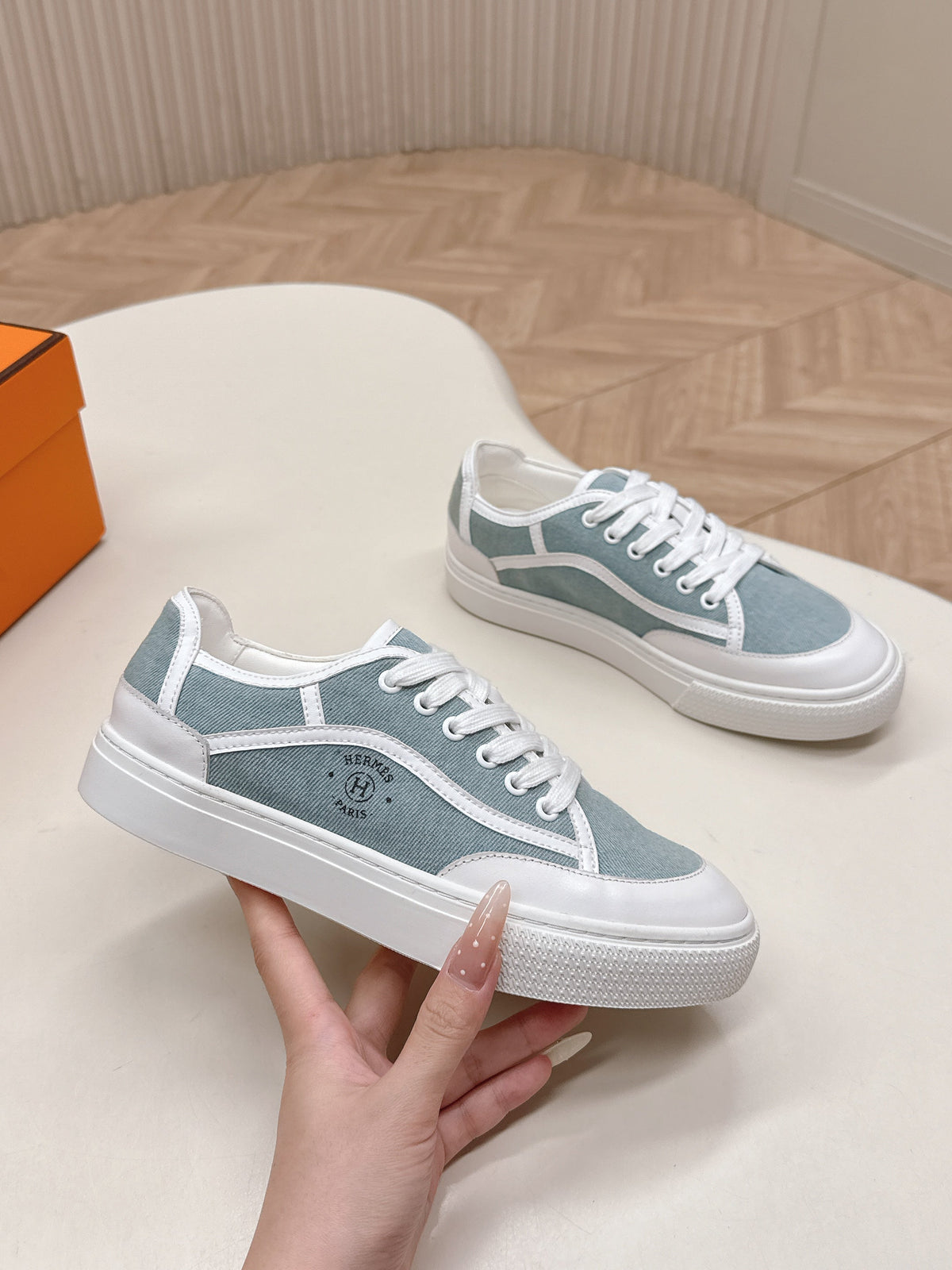 HM 25S SNEAKER LOW SPORTS IN BLUE DENIM MIX WHITE LAMBSKIN