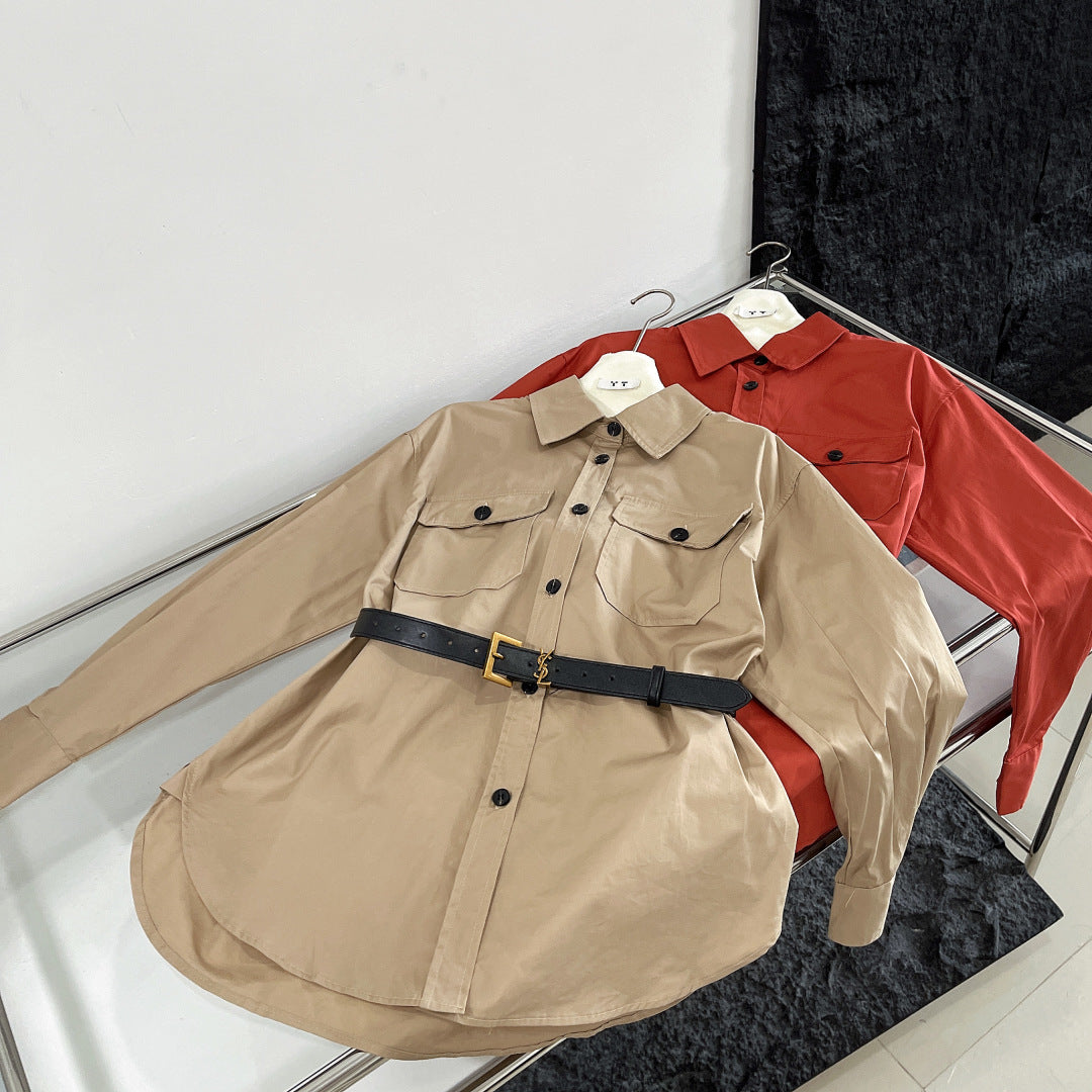 YSL LONG BELTED SHIRT IN COTTON 265868