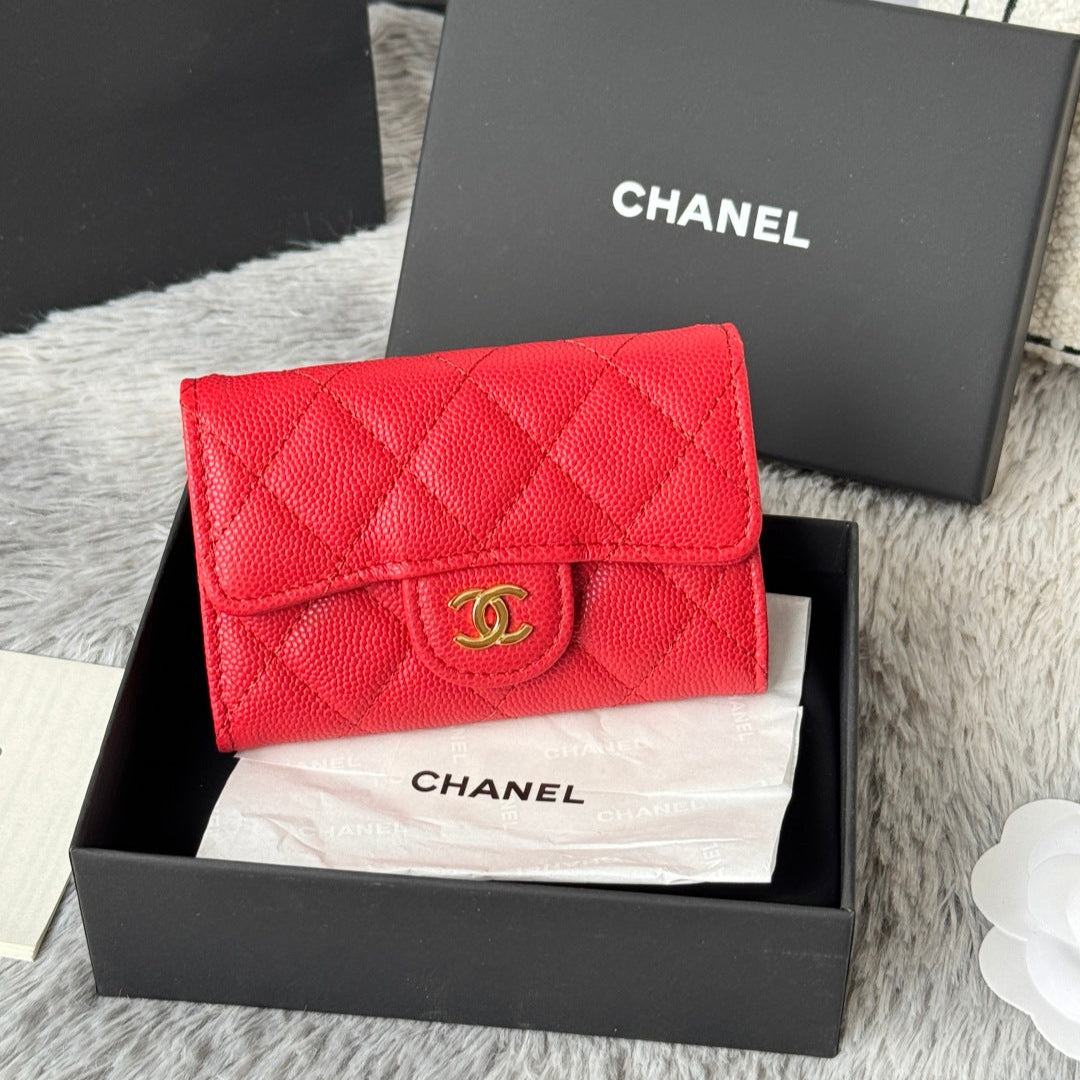 CHANEL 25S CLASSIC FLAP CARD HOLDER 11 IN RUBY RED CAVIAR GOLD HARDWARE