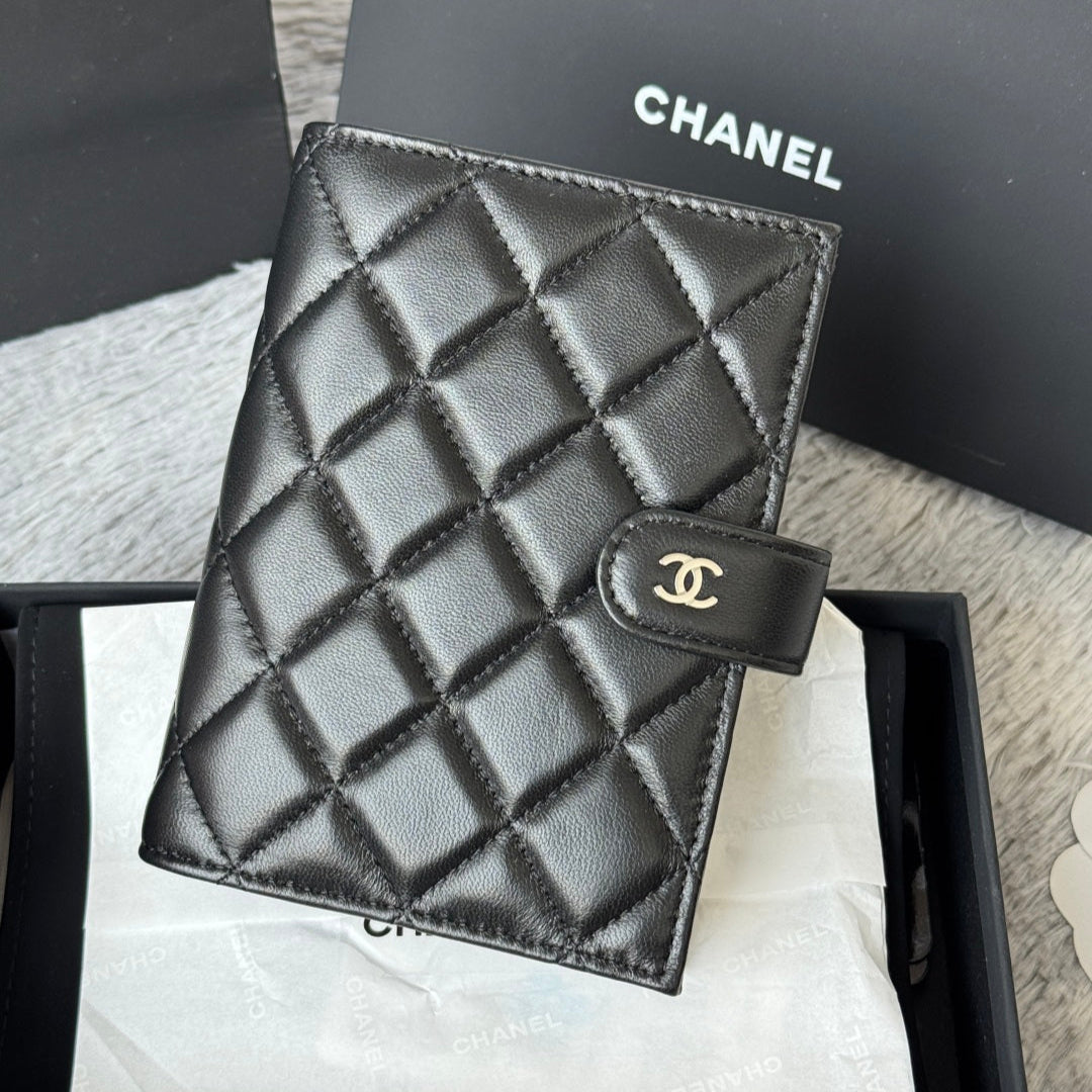 CHANEL 25S MULTI PURPOSE PASSPORT WALLET 15 IN BLACK LAMBSKIN SILVER HARDWARE