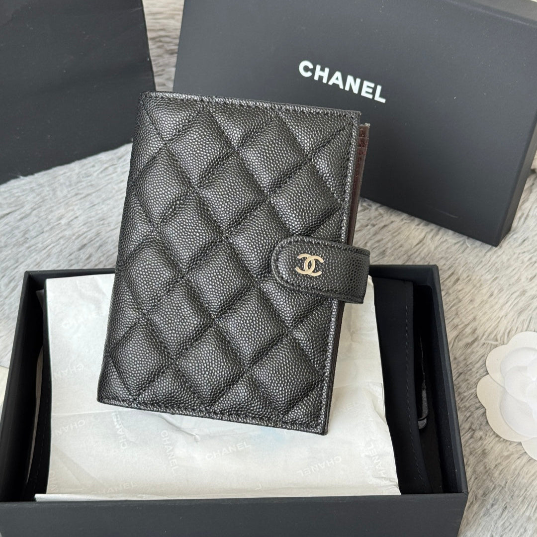 CHANEL 25S MULTI PURPOSE PASSPORT WALLET 15 IN BLACK CALFSKIN SILVER HARDWARE