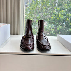 YSL 25S ANKLE FLAT BOOTS IN DEEP REDWOOD EMBOSSED LAMBSKIN WITH SIDE ZIPPER