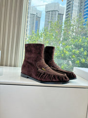 YSL 25S ANKLE FLAT BOOTS IN DARK CHOCOLATE BROWN SUEDE WITH SIDE ZIPPER