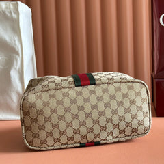 GUCCI 26S GIGLIO TOP HANDLE BAG 27 IN WARM BEIGE AND BROWN CANVAS